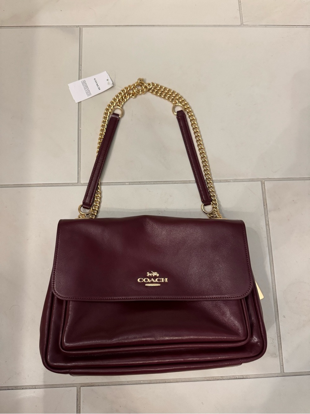 Coach Leather Shoulder Bag in Wine with Gold Chain